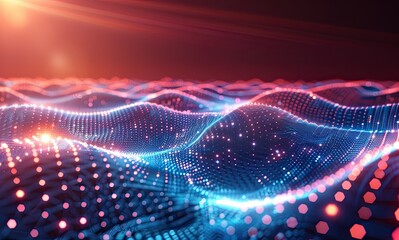 Futuristic abstract representation of digital network with glowing nodes and flowing lines. Image visualizes advanced technology connectivity for tech data-related concepts.