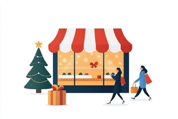 A festive holiday scene featuring a quaint shop, a decorated Christmas tree, and people carrying shopping bags and gifts.