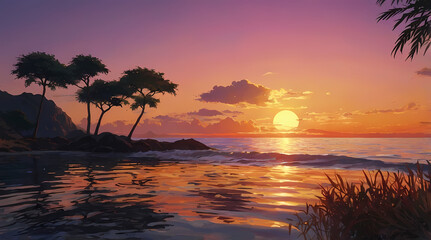 Vibrant Anime-Inspired Sunset with Silhouetted Palm Trees and Golden Waves