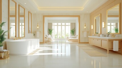 Fototapeta premium Luxury bathroom with a marble bathtub, heated floors, gold fixtures, and large mirrors, Picture taken by sony 35+ mm