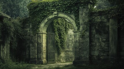 Obraz premium ancient stone gate covered in ivy, leading to a historical site