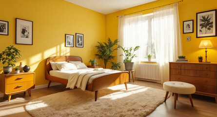 A bright mid-century modern bedroom with vibrant yellow walls and wooden furniture. The space features a cozy bed, lush plants, and natural light.

