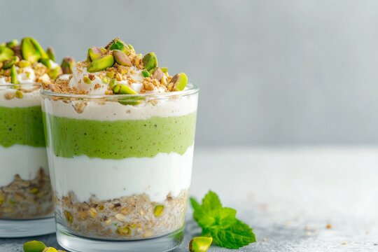 glass filled with pistachio overnight oats, layered with yogurt and topped with crushed pistachios