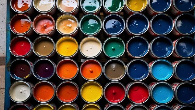 Colorful paint cans neatly arranged in a grid, ready for a diy project with a wide range of hues