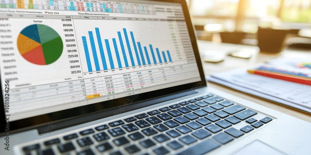 Aufkleber spreadsheets for budgeting: illustrate a laptop with an open spreadsheet used for budgeting, with ca