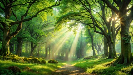 Obraz premium Enchanted forest with lush green trees and sunlight filtering through the leaves, nature, trees, forest, woods, foliage