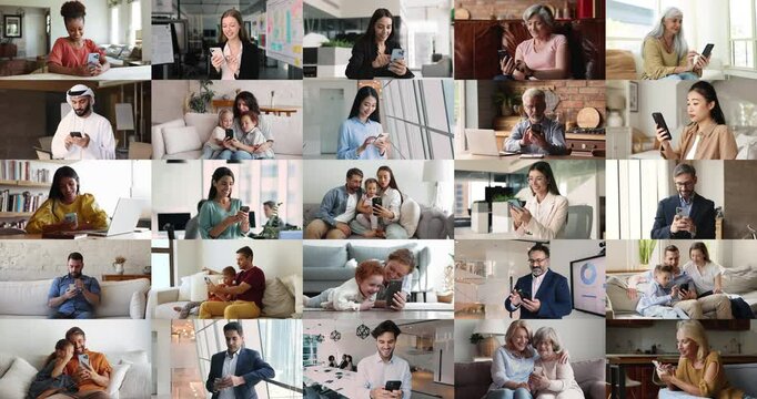 Collage of different people, entrepreneurs and families with kids using modern smartphones at home or offices. Digital connectivity, everyday usage of internet and wireless technologies, communication