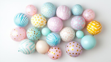 Obraz premium A beautiful flat lay of a balloon set, featuring pastel colors and unique designs, arranged on a white background, ideal for party invitations or decor concepts.