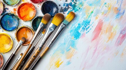 Obraz premium A beautiful flat lay of watercolor paint palettes and brushes arranged neatly on a white background, showcasing the tools of creativity and artistic expression.