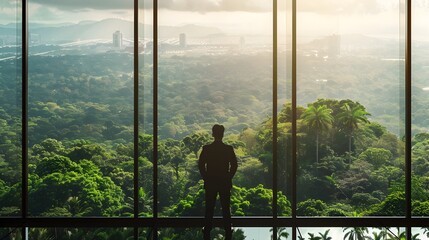 Fototapeta premium CEO Gazing at the Divide Between Nature and Industry From High Rise Office Window