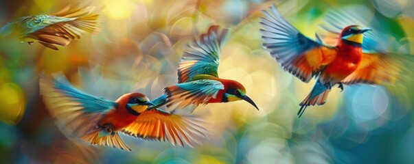 Fototapeta premium Birds in flight with dynamic motion, natural and free, Nature, Bright hues, Photograph, Avian beauty