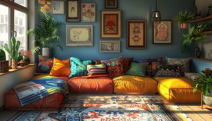 Bohemian living room with eclectic designs, stylish and vibrant, Urban, Soft tones, Photograph, Artistic decor