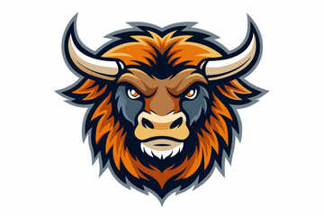 Detailed illustration of a buffalo or yak head in a bold and stylized vector style. The buffalo has large, curved horns, thick fur, and a serious expression, yak head logo vector illustration