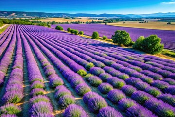 Aerial View of Beautiful Lavender Fields with Vibrant Purple Blooms Under Clear Blue Sky