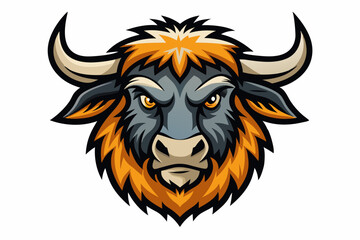 Detailed illustration of a buffalo or yak head in a bold and stylized vector style. The buffalo has large, curved horns, thick fur, and a serious expression, yak head logo vector illustration