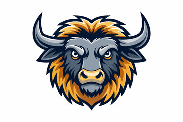 Detailed illustration of a buffalo or yak head in a bold and stylized vector style. The buffalo has large, curved horns, thick fur, and a serious expression, yak head logo vector illustration