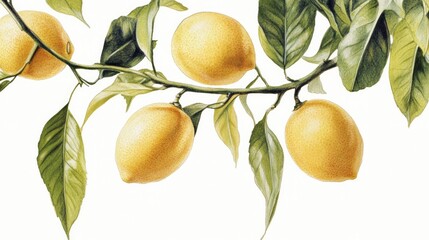 A close-up of a lemon tree branch with ripe lemons and glossy leaves, set against a crisp white background, emphasizing natural beauty.