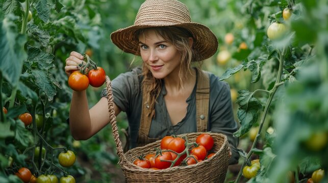 Female gardener harvesting ripe tomatoes in a lush garden while wearing a straw hat and holding a basket filled with fresh produce