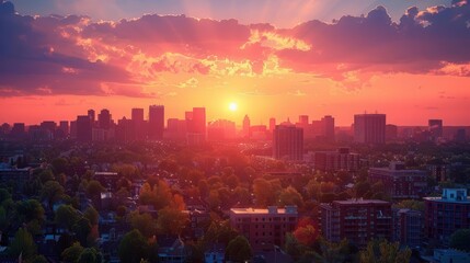 Obraz premium City skyline at sunset with dynamic hues, serene and expansive, Urban, Warm tones, Photograph, Evening charm
