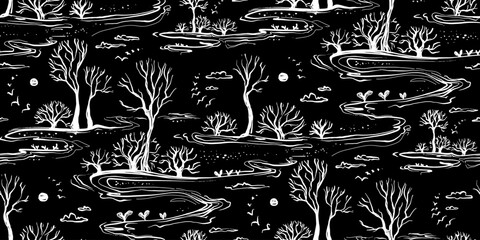 Minimalistic seamless pattern. Simple line vector graphics. Half drop repeat. Trees, bushes, birds, nature, abstract. Doodle black and white silhouette background.
