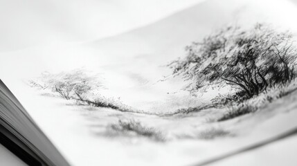 A close-up of a sketchbook open to a detailed pencil drawing of a landscape, with soft shadows casting on a pristine white background, perfect for art inspiration.