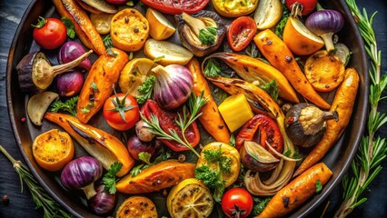 Fototapeta premium Aerial View of Golden-Brown Roasted Vegetables on a Dark Background for Culinary Inspiration