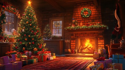 A warm and cozy Christmas scene with a glowing Christmas tree, a bright fireplace, and presents wrapped in colorful paper.