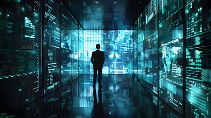 Businessman Surrounded by Holographic Financial Data Analyzing Investment Opportunities in High Tech Office