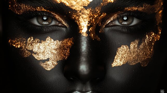 A stunning beauty portrait of vantablack skin with golden accents, merging gothic and abstract styles in a unique artistic expression