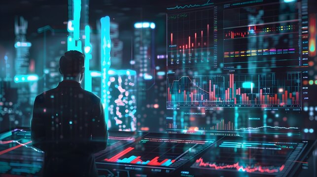 Businessman Analyzing Holographic Financial Data in High Tech Office for Investment Opportunities