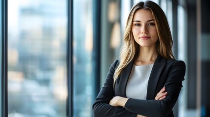 Confident Businesswoman Standing with Arms Crossed in Front of Window