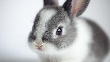 Obraz premium A close-up shot of a baby rabbit's face, showcasing its delicate features and soft fur, set against a clean white background for an intimate and adorable image.