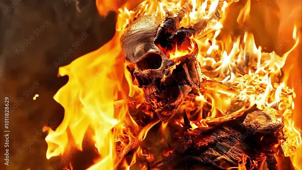 Poster a skeleton figure engulfed in flames, surrounded by smoke and fire, creating a dramatic and intense 