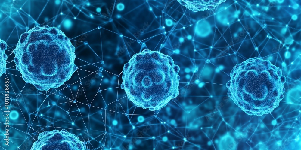 Poster Artificial Cells Interconnecting: Show a network of bioengineered cells, with each cell connected by sleek, digital-like fibers or circuits, symbolizing advanced syntheti