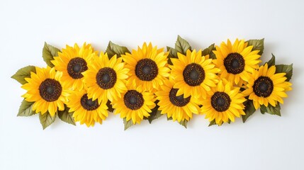 Fototapeta premium A cluster of sunflowers, each with vibrant yellow petals, arranged against a white background, emphasizing brightness and joy.