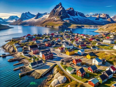 Aerial View of Nuuk, the Largest City in Greenland Surrounded by Majestic Mountains and Fjords