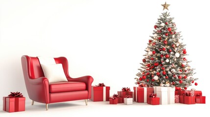 A cozy holiday living room with an armchair, Christmas balls, a glowing tree, and gift boxes, with the scene isolated on a crisp white background.