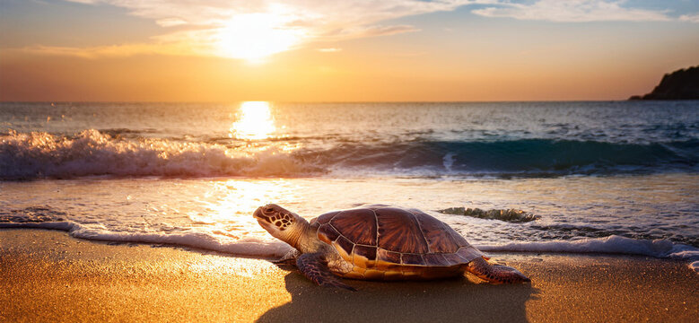 tartaruga sulla spiaggia al tramonto sul bagnoasciuga del mare
