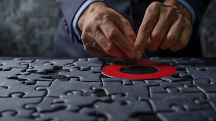 Businessman Assembling Jigsaw Puzzle with Final Piece as Target Symbol Representing Strategic Plan Completion
