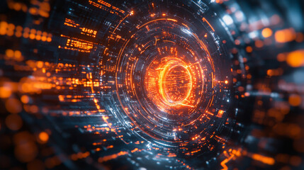 A cybernetic pulse integrated into a futuristic network abstract glowing in orange and blue tones