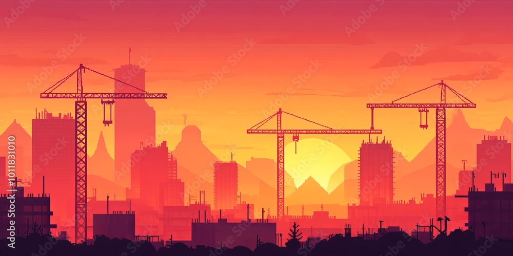 Poster Cranes on a Construction Site: Create an image of multiple cranes working on a high-rise building, showcasing the scale of modern construction projects.