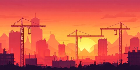 Obraz premium Cranes on a Construction Site: Create an image of multiple cranes working on a high-rise building, showcasing the scale of modern construction projects.