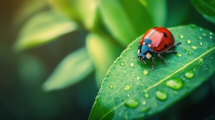 Fototapeta premium Vibrant Ladybug on Leaf After Rain