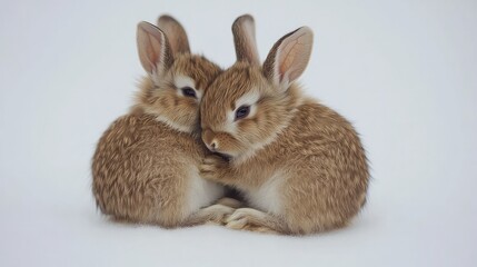 Obraz premium A delightful scene featuring two baby rabbits cuddling together, isolated on a clean white background, perfect for conveying warmth and companionship in pet photography.