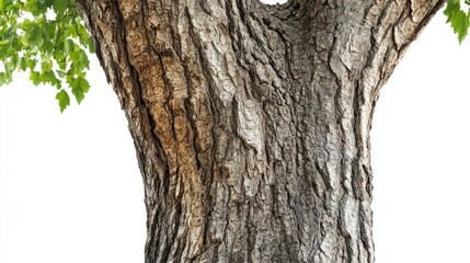 Fototapeta premium A detailed close-up of a tree trunk with branches and leaves, isolated on a white background, emphasizing the texture and organic structure of the tree.