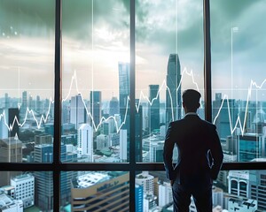 Fototapeta premium Businessman Strategizing Next Big Investment in Financial District Skyscraper