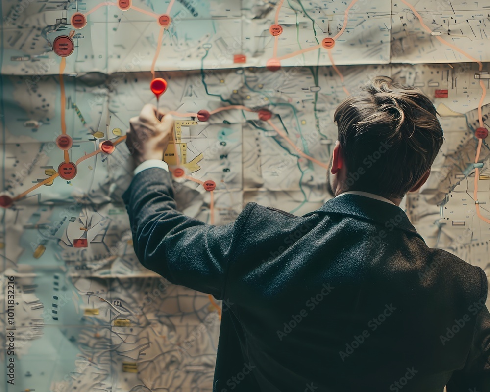 Poster businessman pinpointing a goal on a large map with obstacles and paths drawn