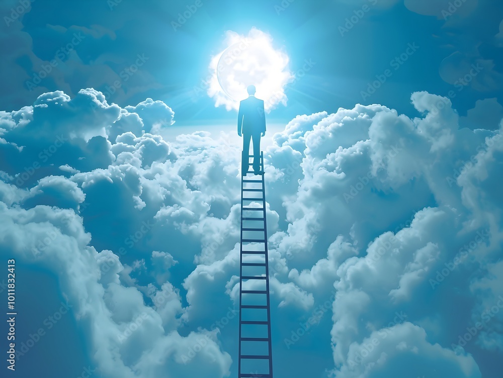 Wall mural Corporate Executive Climbing Ladder to Bright Cloud Shrouded Target Representing Ambitious Goals