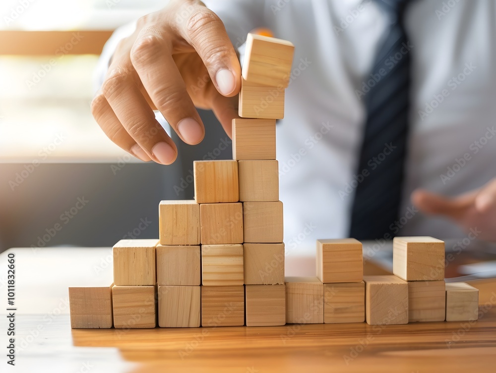 Poster businessman strategically stacking blocks to achieve a towering goal