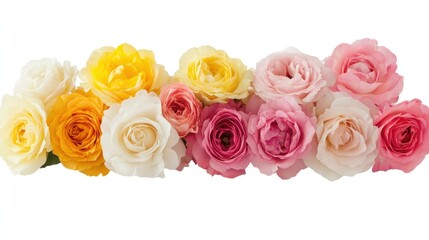 Naklejka premium A graceful arrangement of assorted roses in different colors, including pink, yellow, and white, beautifully displayed against a clean white background for a fresh look.